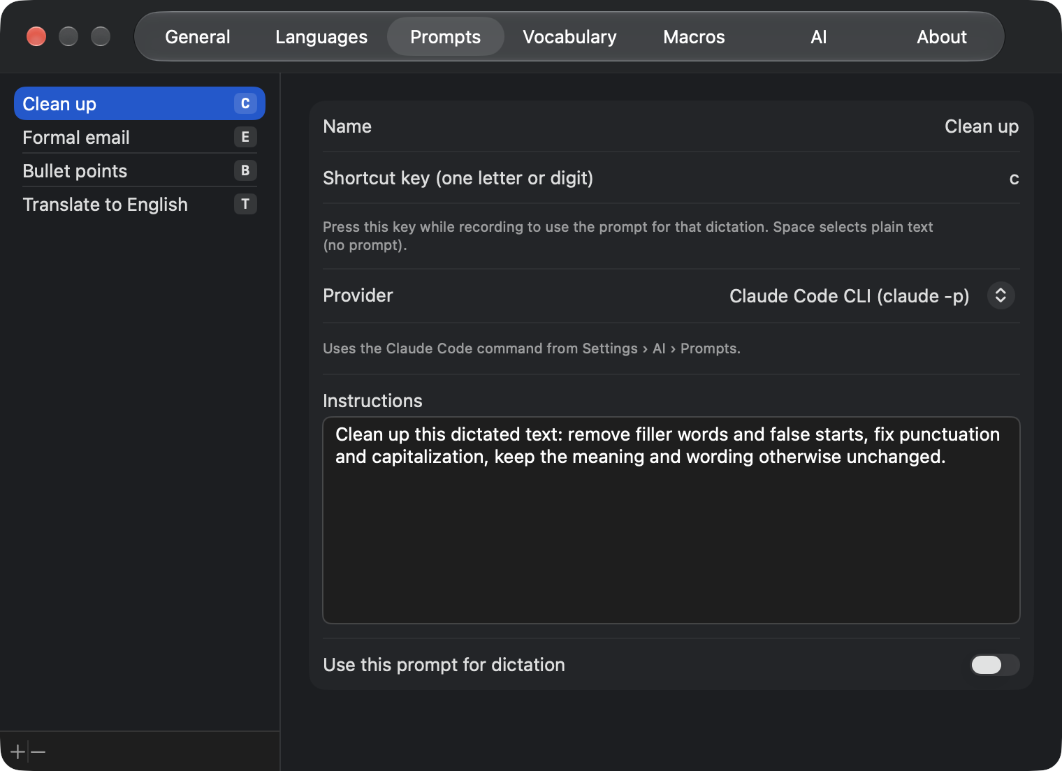 Prompts settings